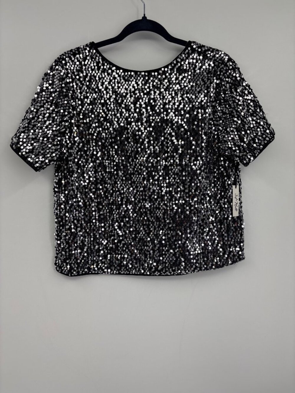 3rd & Malt Sequin Velvet Short Sleeve Blouse Top Black Size Large NEW